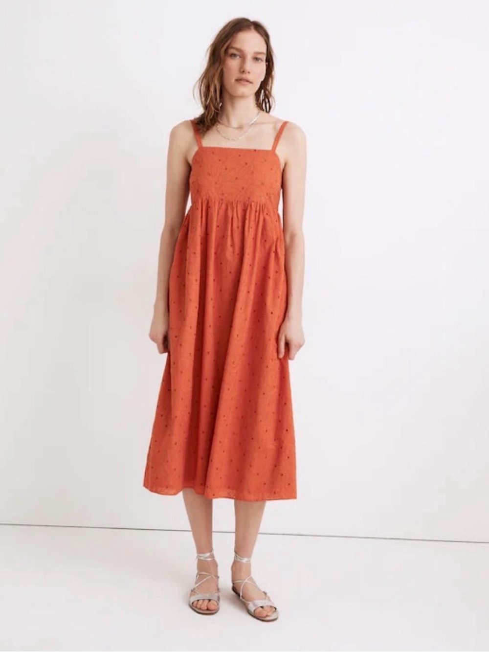Madewell Eyelet Summertime Cami Midi Dress XS Rusted Clay Orange Smocked Pockets
